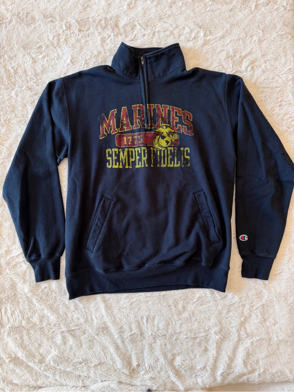 Champion Eco Navy Blue USMC Quarter Zip Sweatshirt Pullover Size L